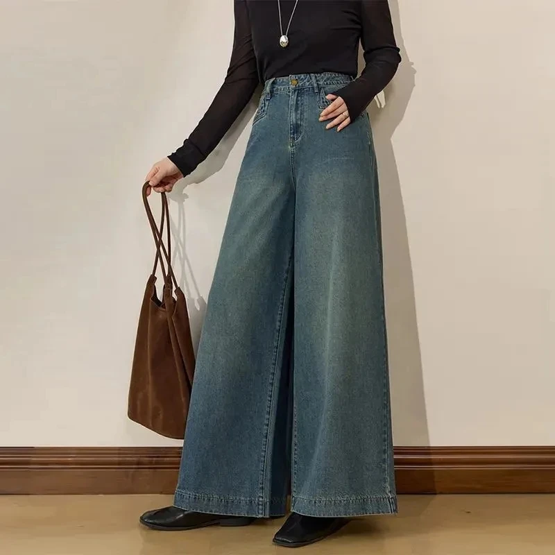 2025春季新款高腰显瘦宽松阔腿牛仔裤女时尚百搭休闲直筒长裤子潮