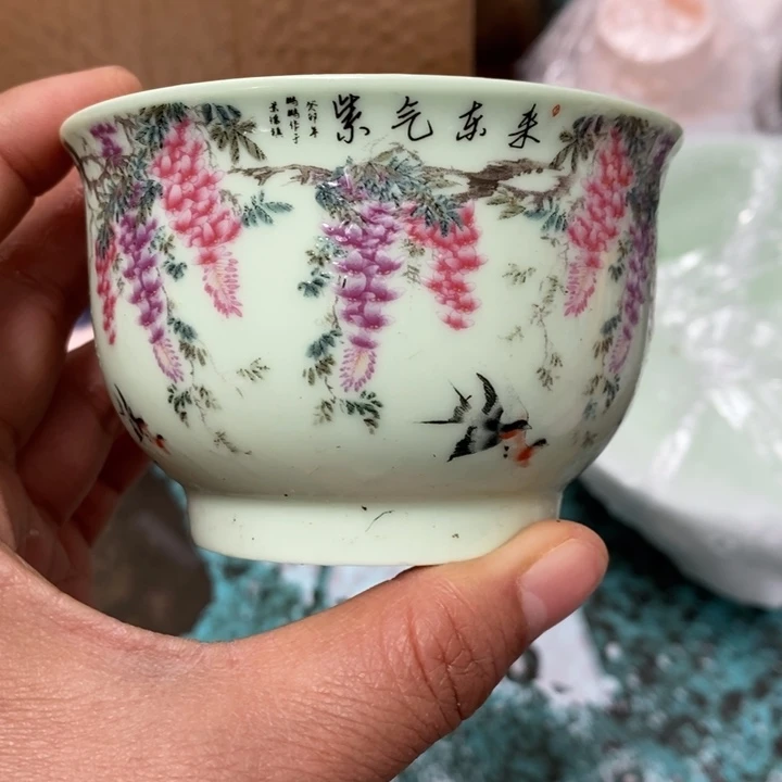 盖碗陶瓷绿稀土紫藤花大缸杯