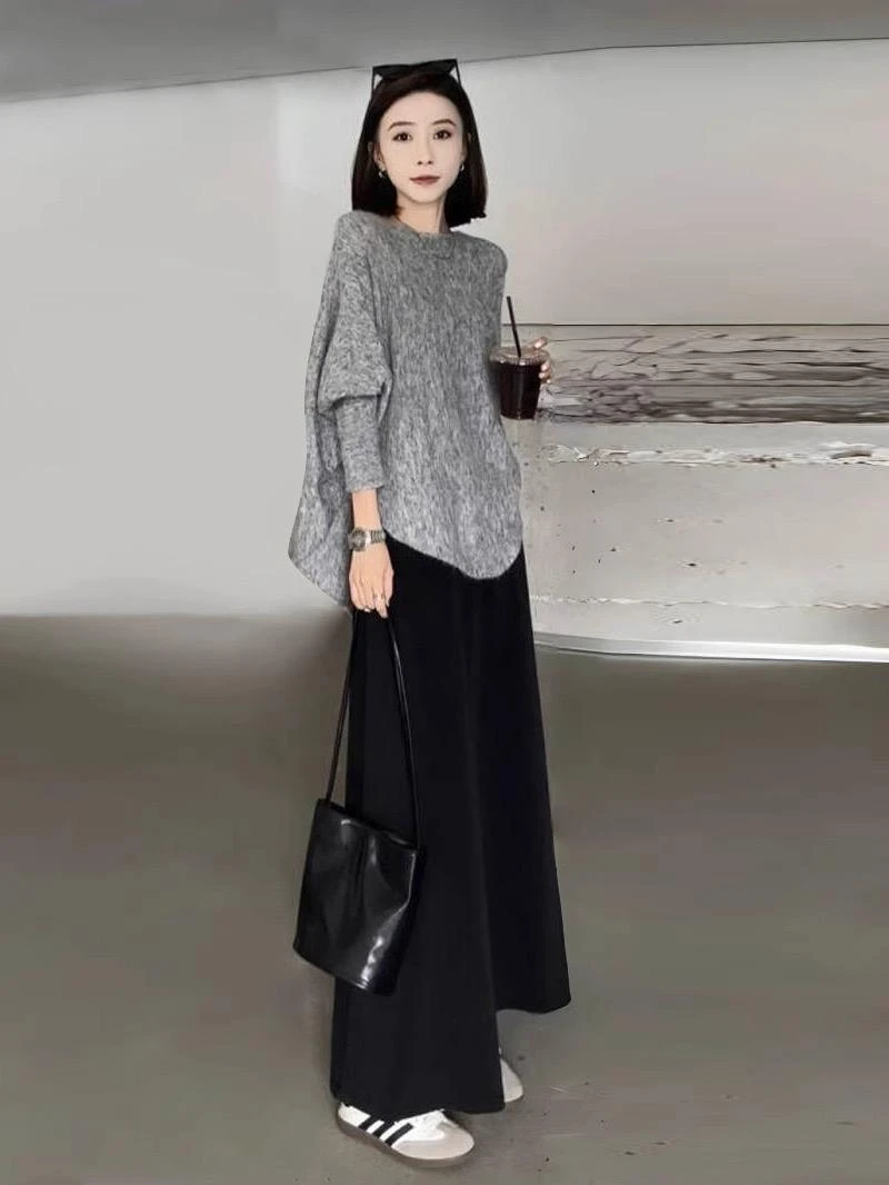 一整套秋季穿搭灰色蝙蝠袖针织上衣黑色半身裙盐系轻熟两件套装女