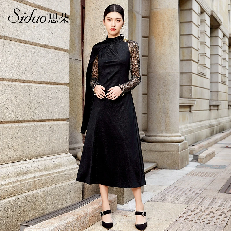 S23197思朵SIDUO中长款秋冬开叉时尚蕾丝中国风春季气质礼服