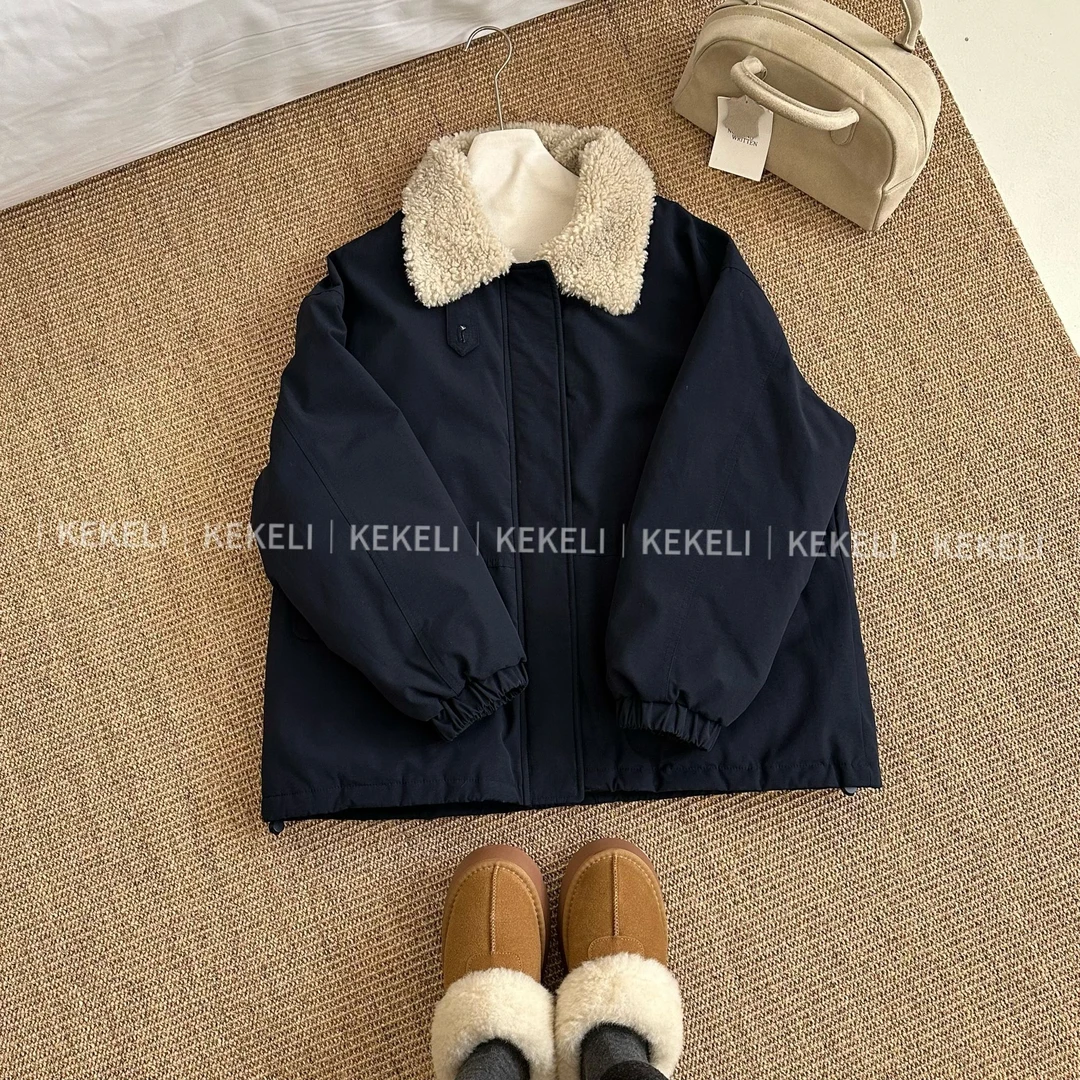 KEKELI韩国羊羔毛翻领羽绒内胆派克服女2025冬休闲工装外套羽绒服