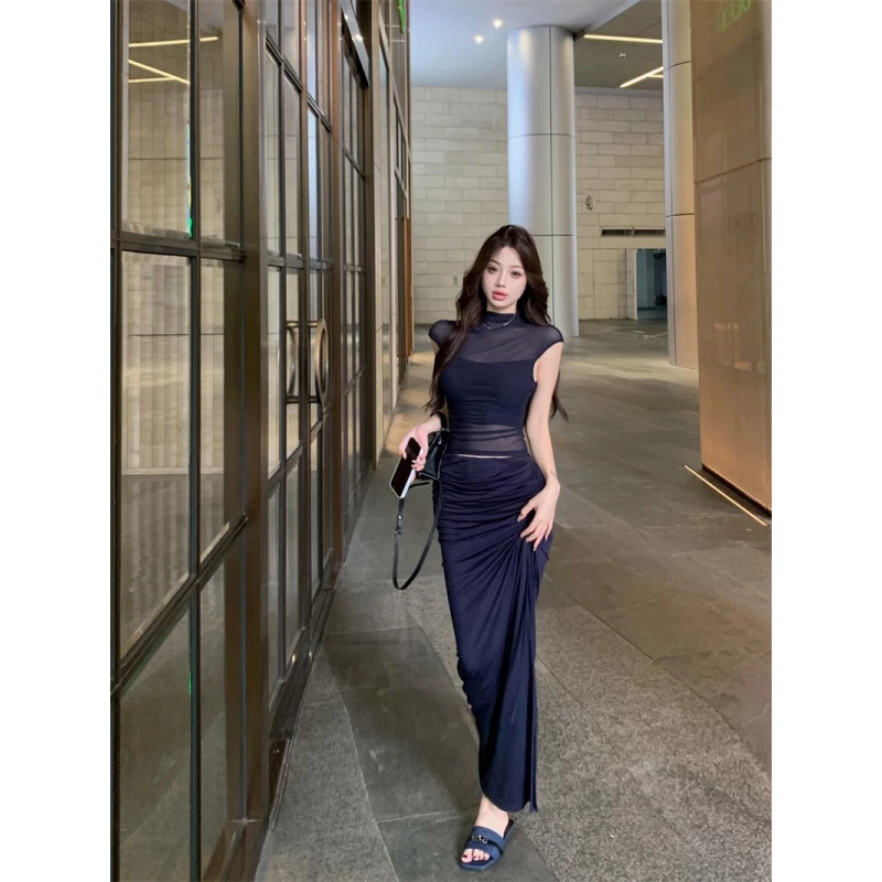 网纱拼接纯欲无袖背心T恤女夏季显身材套装褶皱包臀半身裙两件套