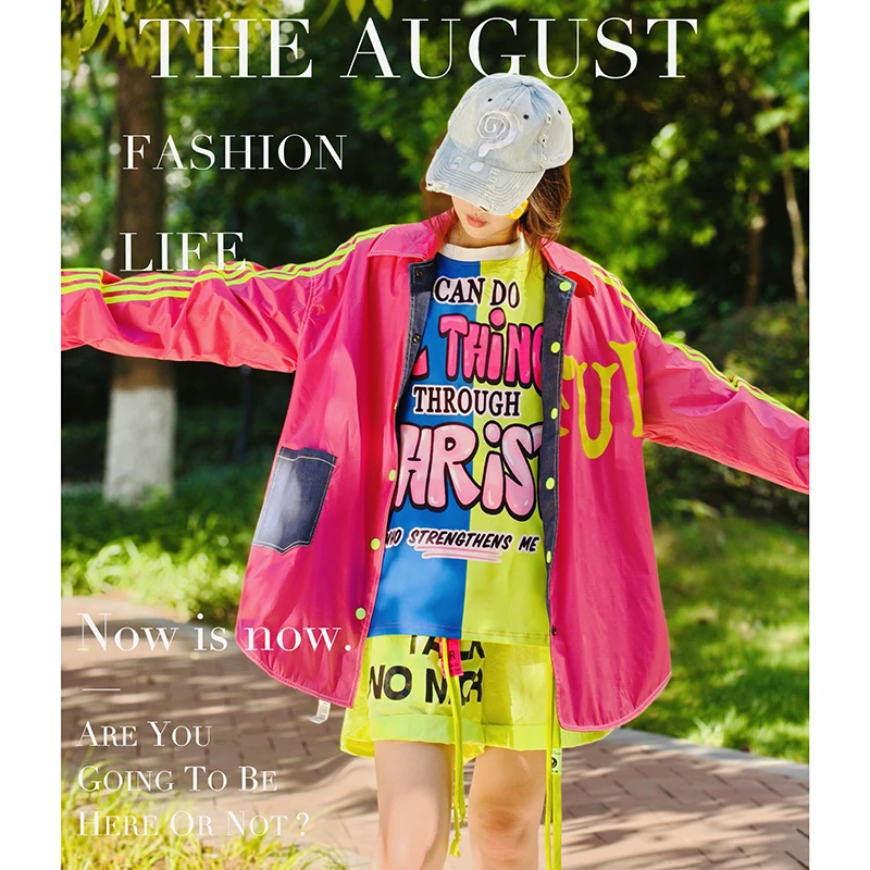 玫红彩色字母休闲衬衫秋新款蓝色撞色口袋潮牌宽松休闲外套HYC25