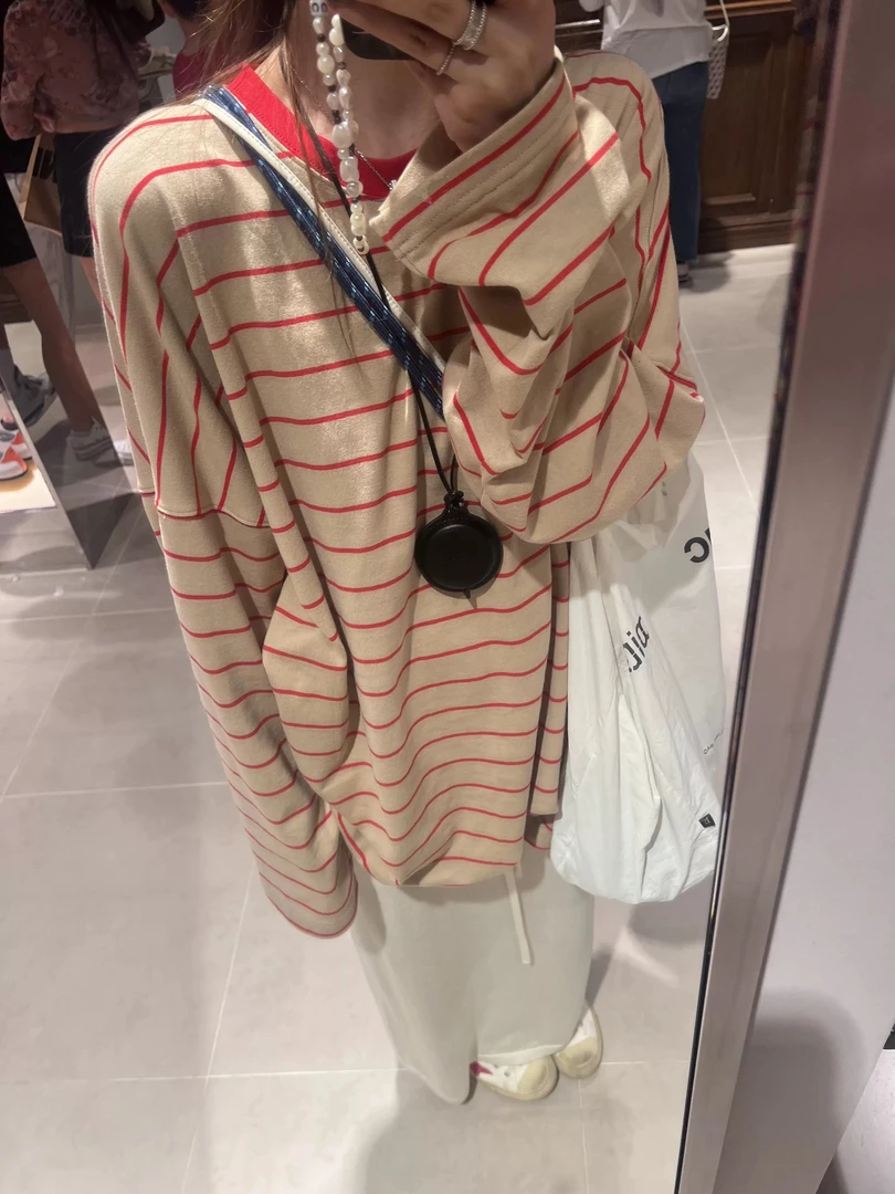 2025春夏新款小众条纹设计T恤宽松时尚休闲撞色百搭长袖上衣9366