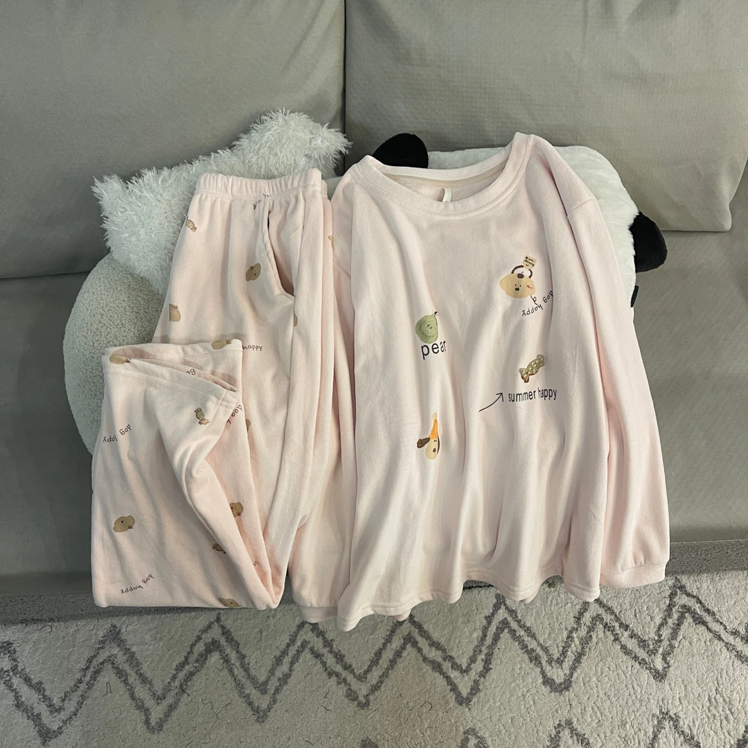 睡衣女秋冬季超柔软海岛绒大码加厚保暖卡通套装可外穿冬天家居服