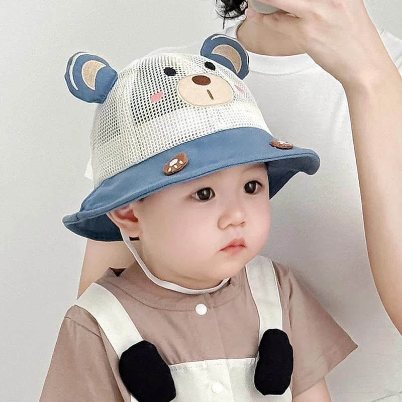 宝宝帽子夏季遮阳可爱小熊网透气婴幼儿渔夫太阳帽男女童出游