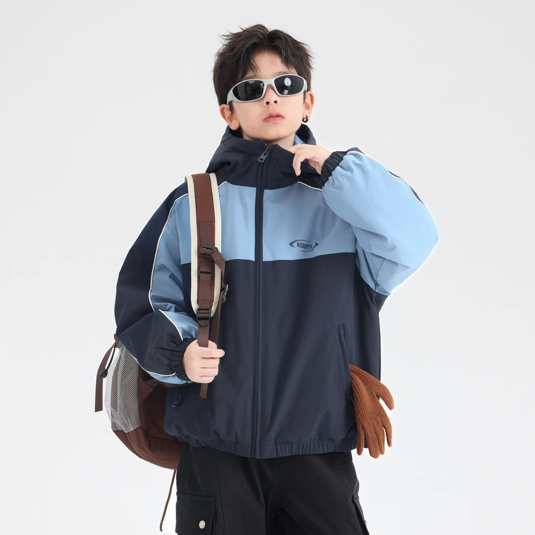 【现货现发】男童冬撞色运动防水连帽冲锋衣棉服2025款夹棉加厚外套
