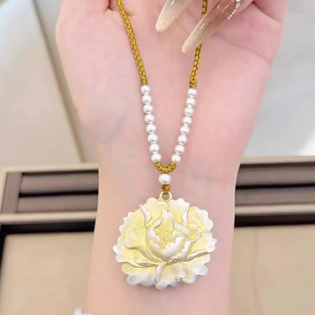 吊坠足银 足银999描金牡丹花吊坠项链时尚纯银项坠上身简约优雅