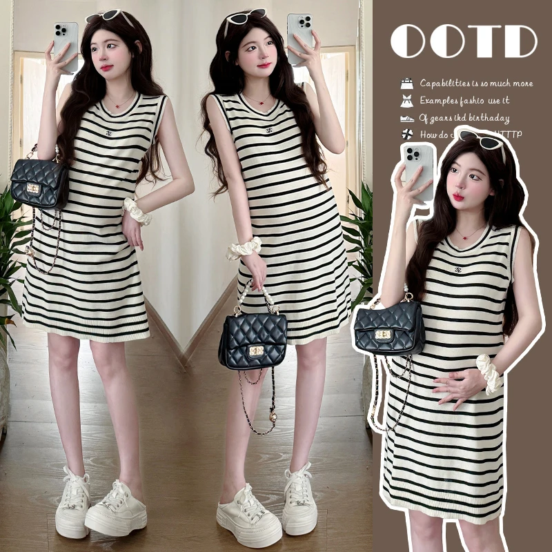 孕妇装2025夏季新品百搭懒人条纹裙通勤日常条纹背心裙连衣裙