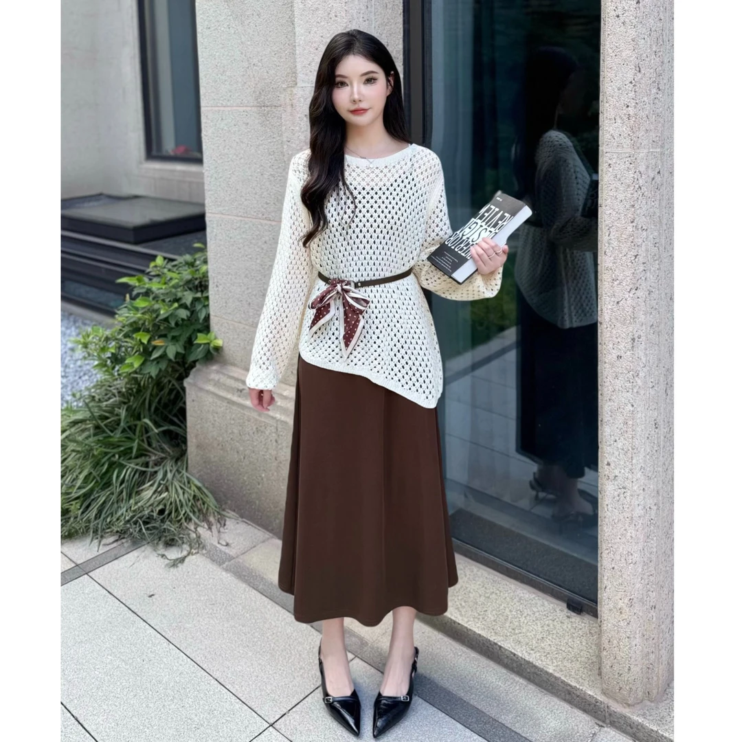 2025初秋新款韩版网格针织镂空罩衫上衣+吊带连衣裙两件套裙子女