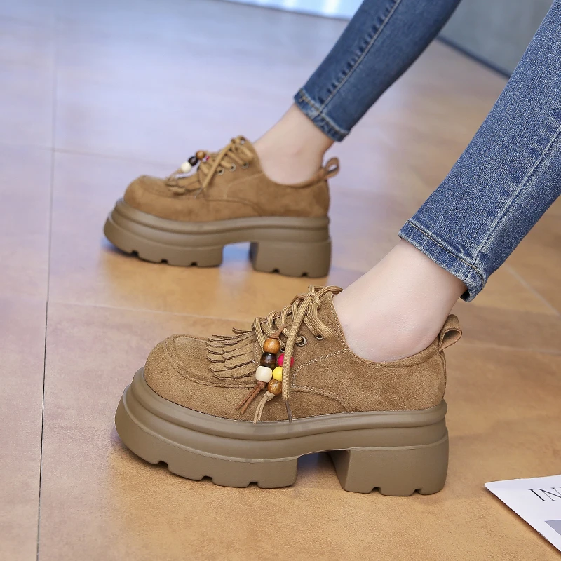 厚底流苏袋鼠单鞋女2025年秋季新款小个子增高休闲波西米亚松糕鞋