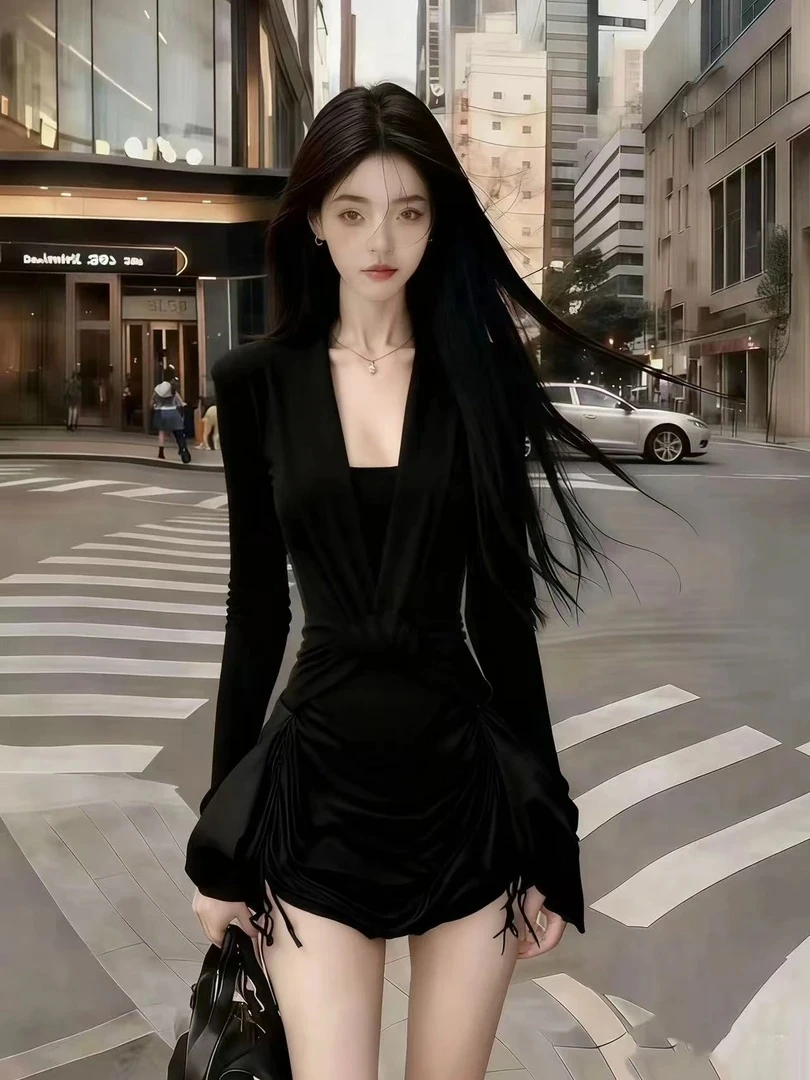 时尚氛围感通勤风黑色V领长袖修身收腰小众设计拼接不规则连衣裙