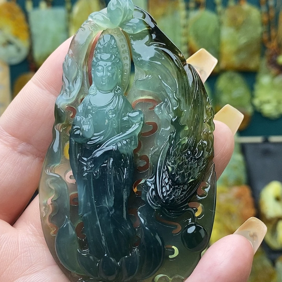 蛇纹石玉未镶嵌颈饰蓝水玉龙观音