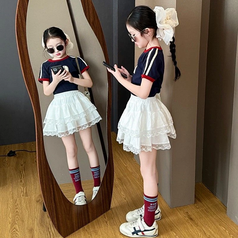 女童夏季短裙套装2025新款洋气百搭百褶半身裙时尚女孩短袖两件套