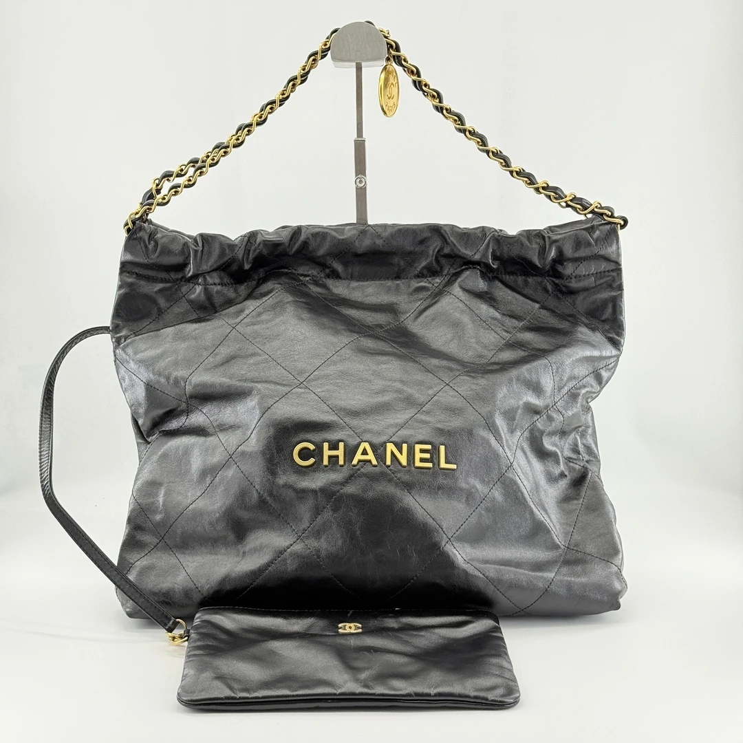 未使用 Chanel/香奈儿 25C 22bag 黑金牛皮中号垃圾袋单肩包