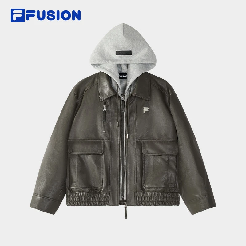 Fila/斐乐女款春款美式假两件拼接连帽皮衣外套辣妹短款开衫上衣/