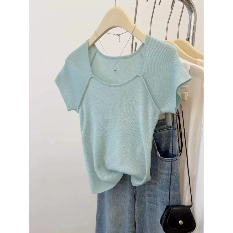 纯色薄款方领短袖针织t恤女夏季新款显锁骨修身正肩拼接短款上衣
