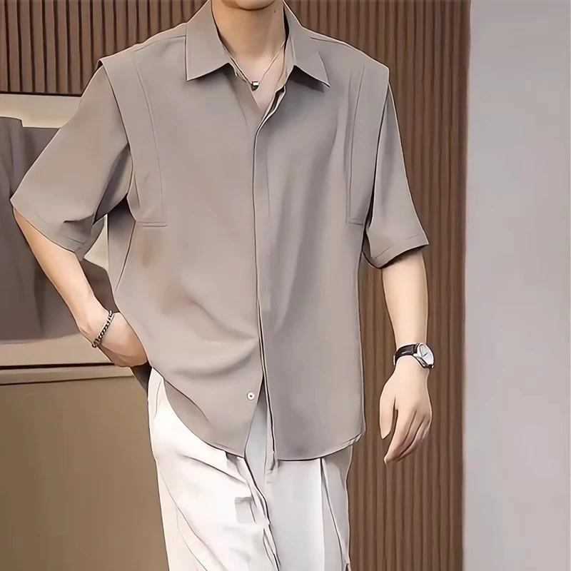2025新款垂感冰丝短袖衬衫男夏季半袖上衣韩潮流纯色免烫中袖衬衣