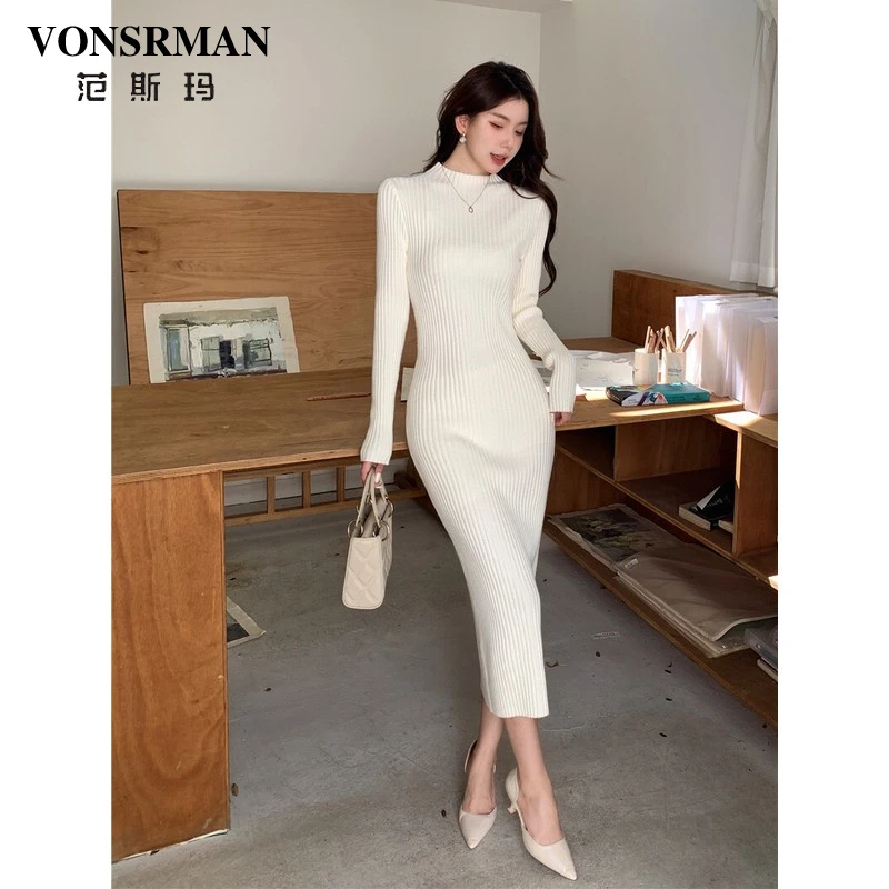 VONSRMAN修身包臀连衣裙女2025新款秋季时尚高腰气质收腰显瘦长裙