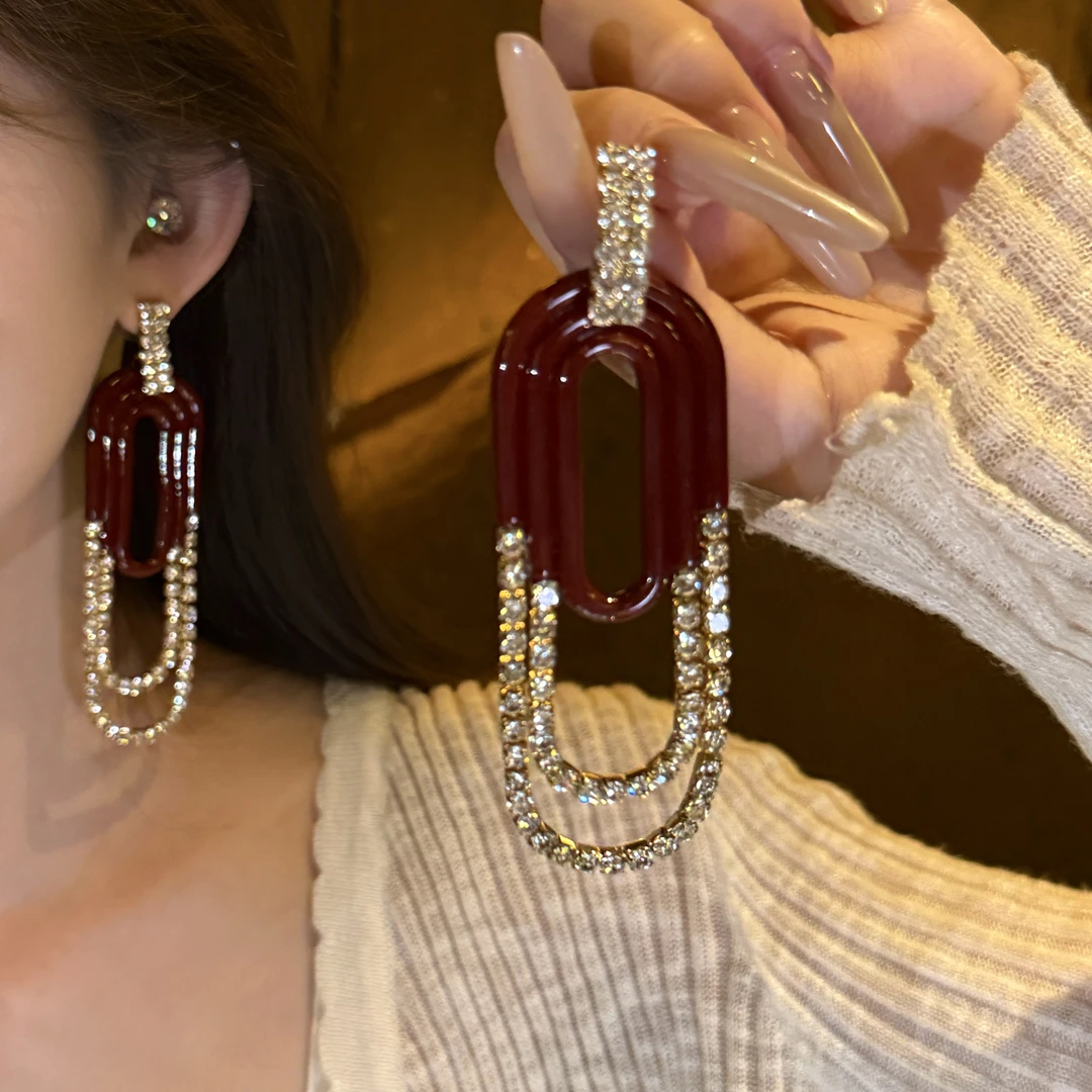 铜合金合成锆石耳饰 欧美复古时髦夸张闪钻流苏耳环个性时尚耳饰