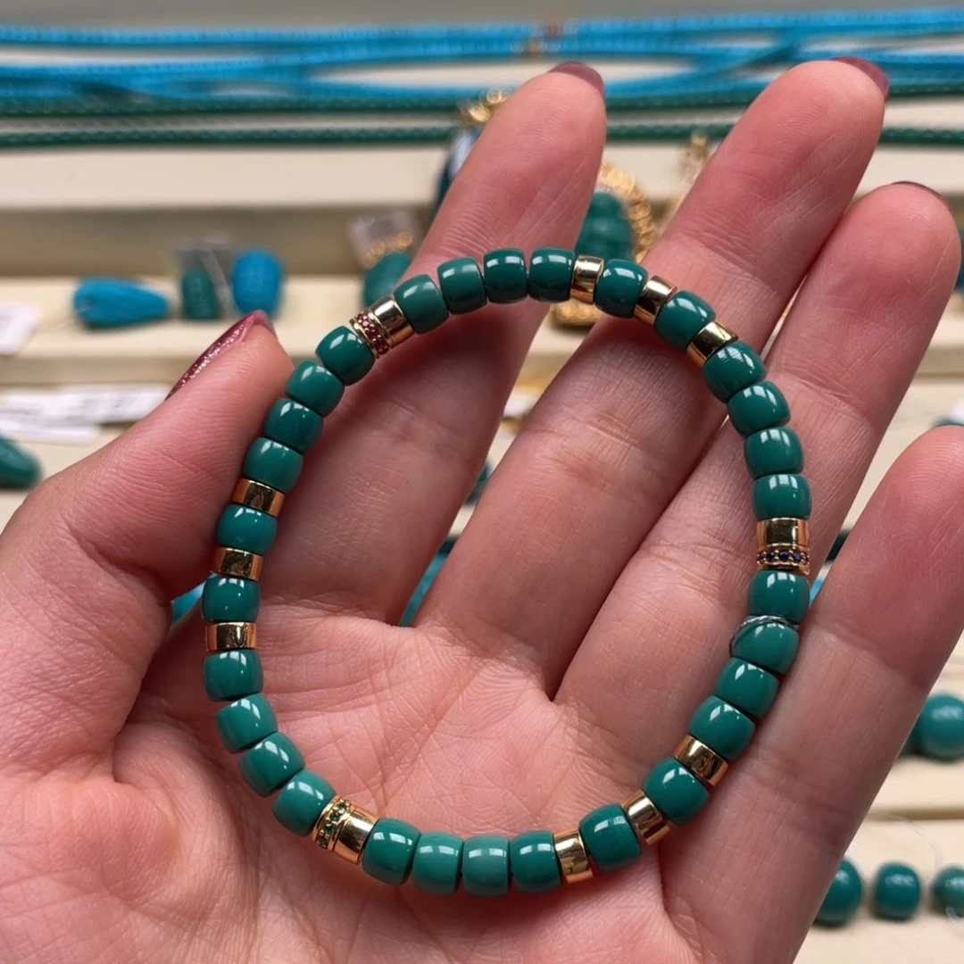 18K金镶嵌绿松石珠宝奇石直切手串5.6