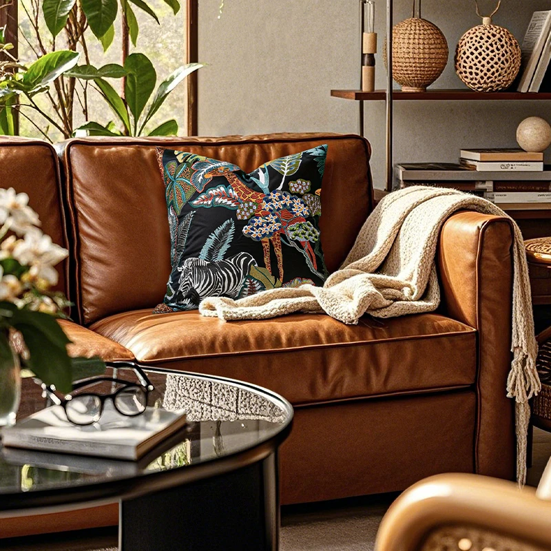 复古美式客厅长颈鹿斑马刺绣抱枕高端床头靠垫样板房间售楼方枕套