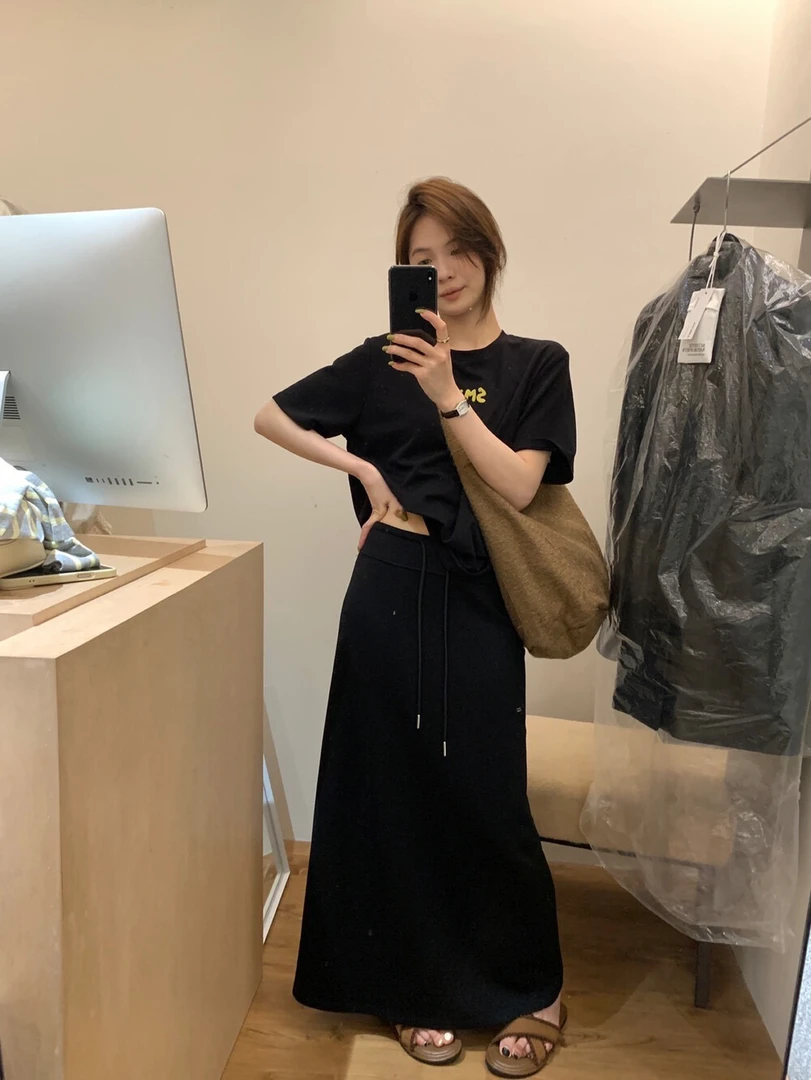 8866号003#秋百搭极简后下摆开叉弹力腰抽绳半身裙无口袋里衬（预）