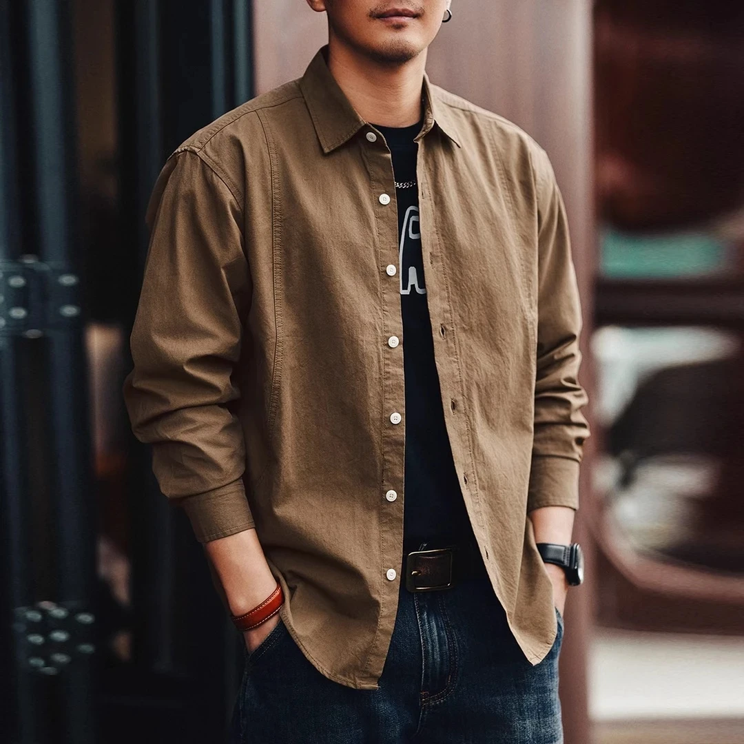 美式简约复古工装长袖衬衫男士秋季高端潮牌宽松水洗痞帅衬衣外套