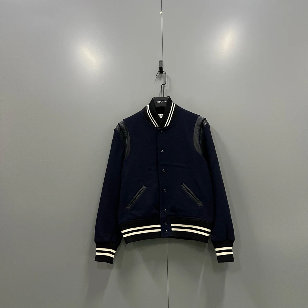 95新 YSL/圣罗兰 h924 藏青色拼皮棒球夹克 48码 205862
