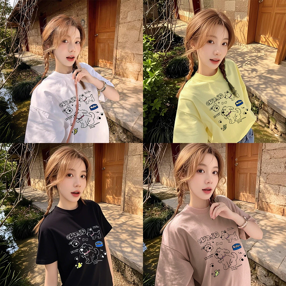 雪花棉宽松印花小狗短袖女2025夏季新款减龄圆领卡通上衣8102