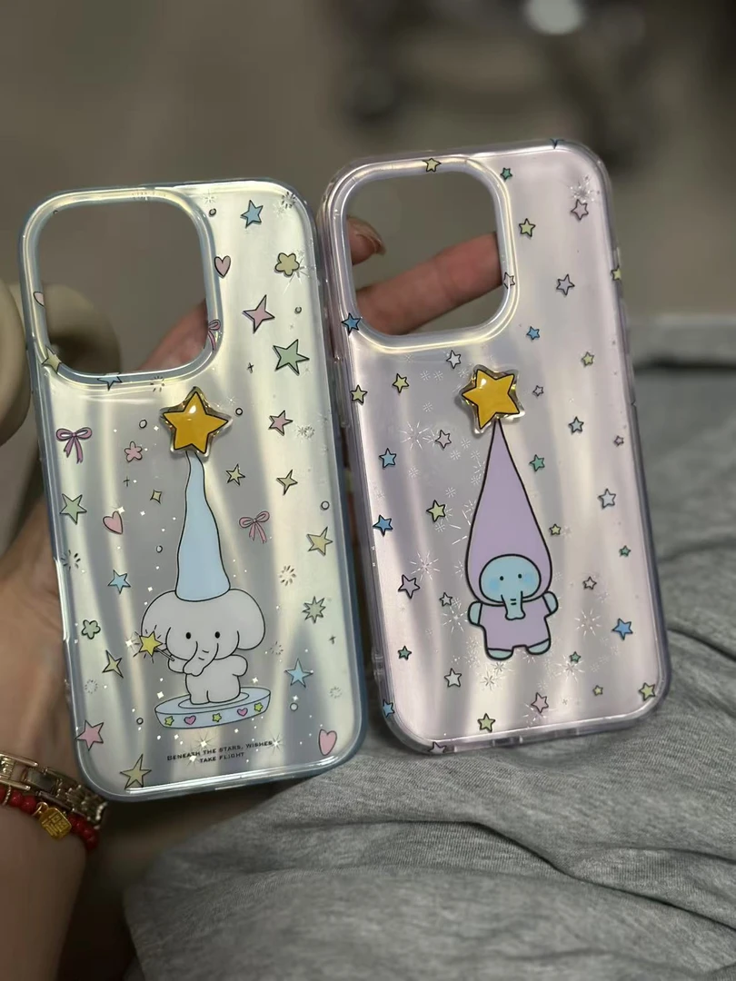 可爱紫底彩星星高帽小象双层壳适用苹果16promax/15/14/13手机壳