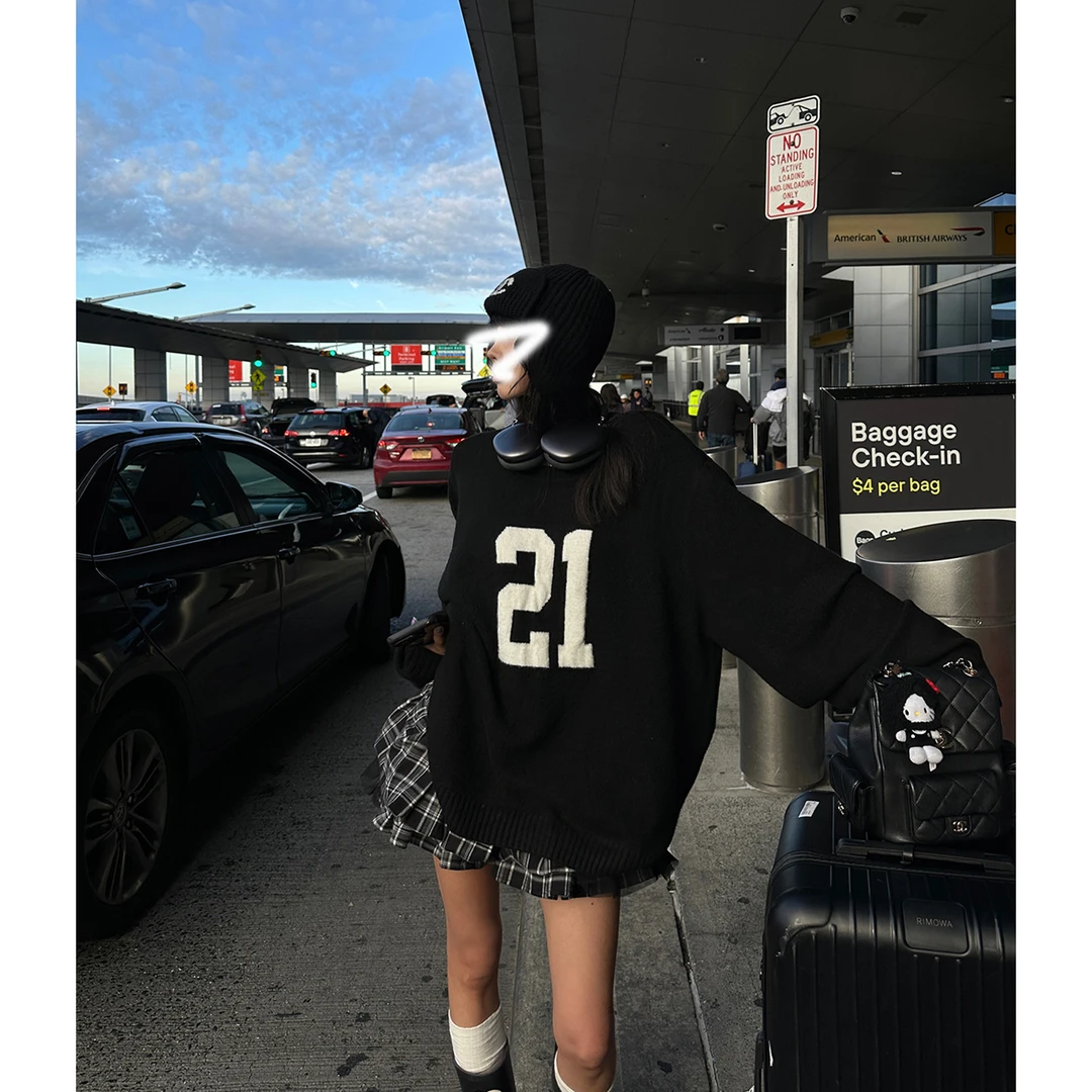 偷天密码 高街美式oversize黑色套头毛衣加厚宽松慵懒风上衣