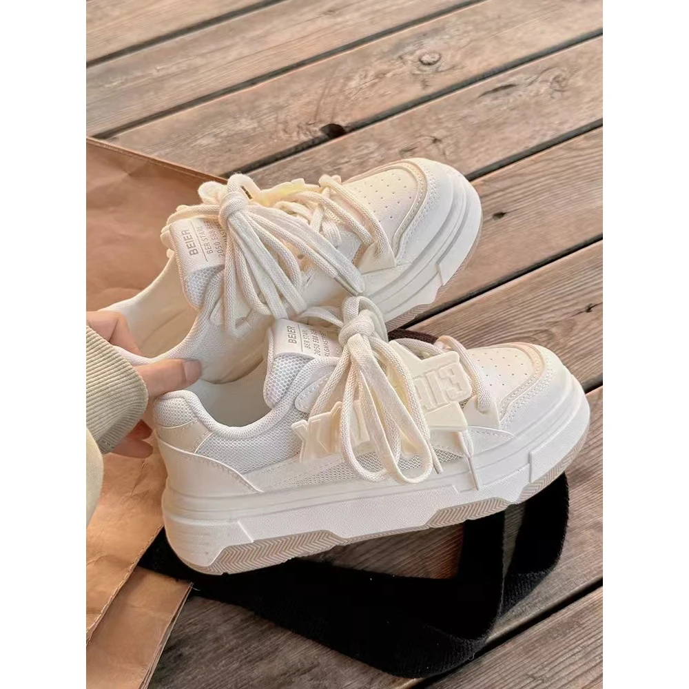 B1016 小白鞋女2024新款透气网面休闲运动板鞋潮流复古厚底女鞋