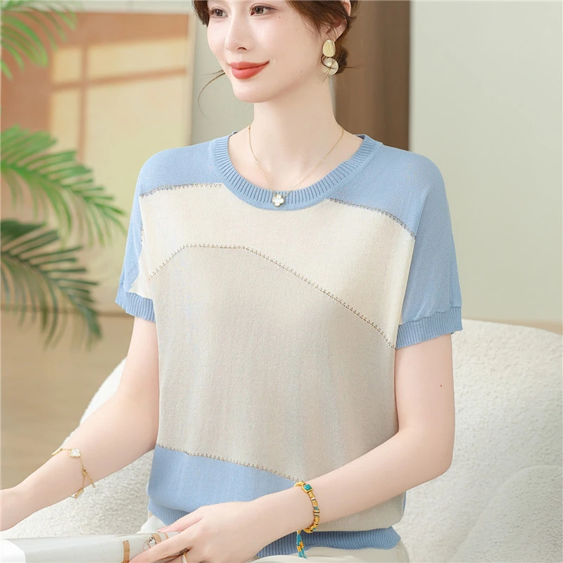 2025洋气中老年女装冰丝打底小衫夏装短袖T恤妈妈宽松针织薄上衣