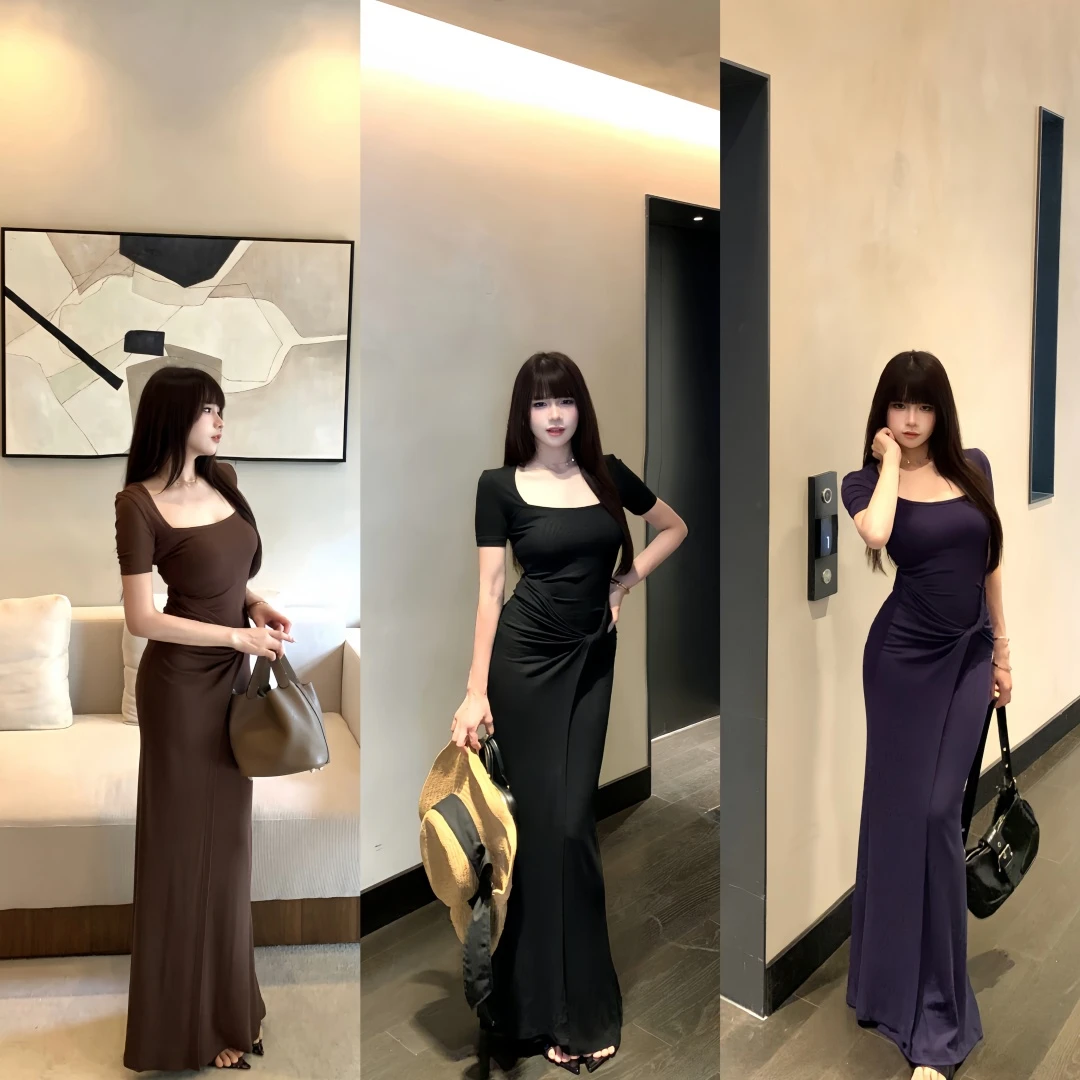 法式时尚辣妹气质轻奢方领显瘦纽结遮肉显身材包臀长款鱼尾长裙