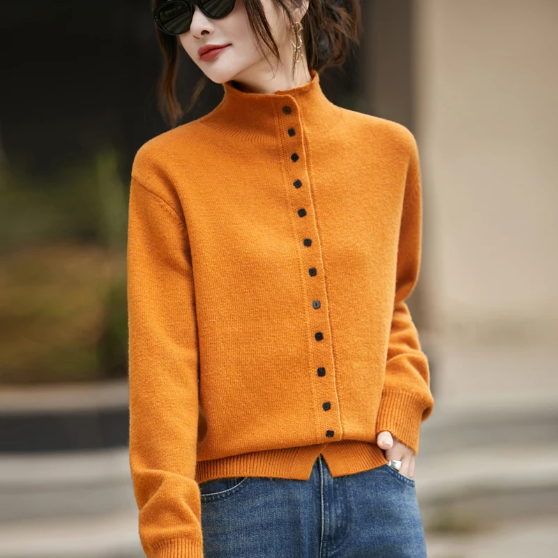 秋冬女式高领开衫毛衣气质纯色加厚时尚简约纽扣打底针织衫外套