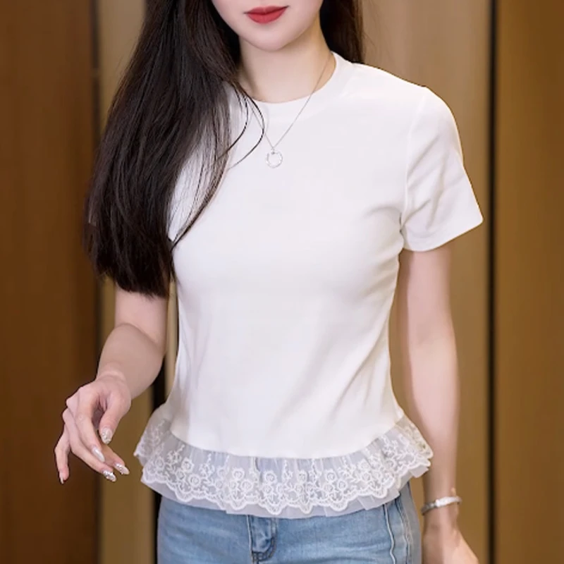 芭蕾风蕾丝花边圆领短袖t恤女2025夏季纯欲甜辣内搭叠穿打底上衣
