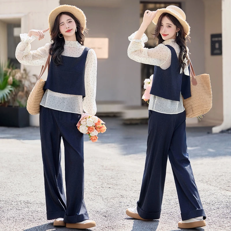 韩版背心波点休闲裤套装女2025春季新款小香风减龄时尚洋气三件套