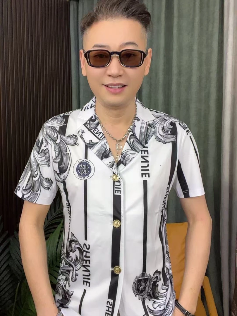 男士夏季翻领西服短袖时尚男士情侣运动提花潮流外套短袖春夏