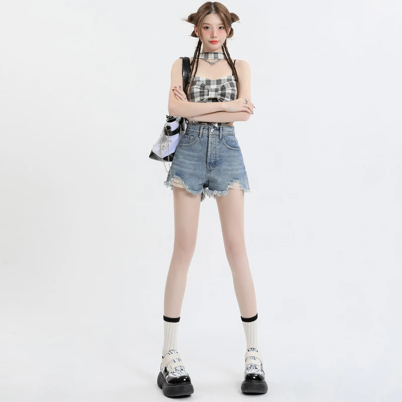 美式高腰牛仔短裤女夏天外穿毛边破洞小个子A字宽松显瘦阔腿热裤