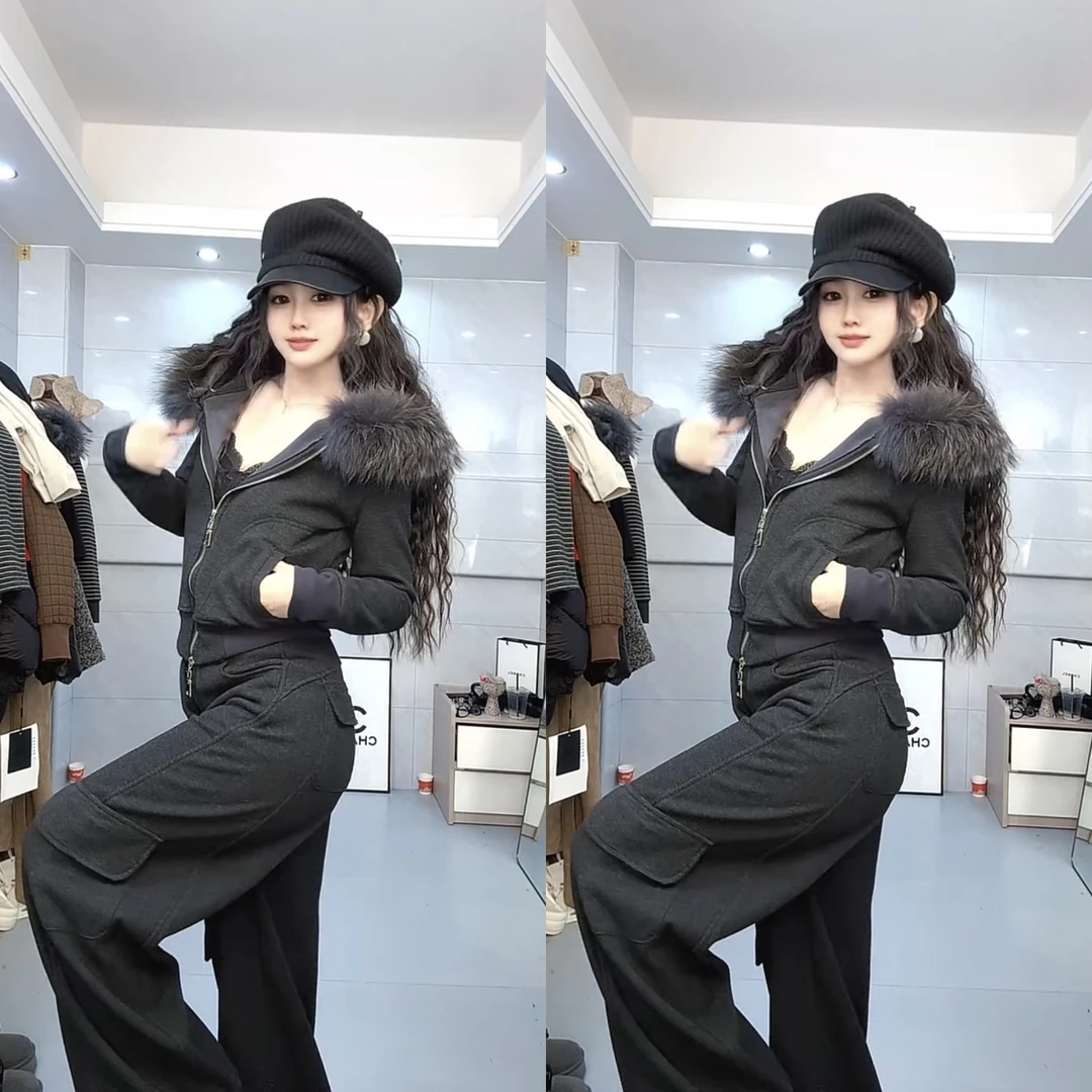 冬季新款时尚加绒保暖毛领连帽外套阔腿长裤显瘦气质两件套女