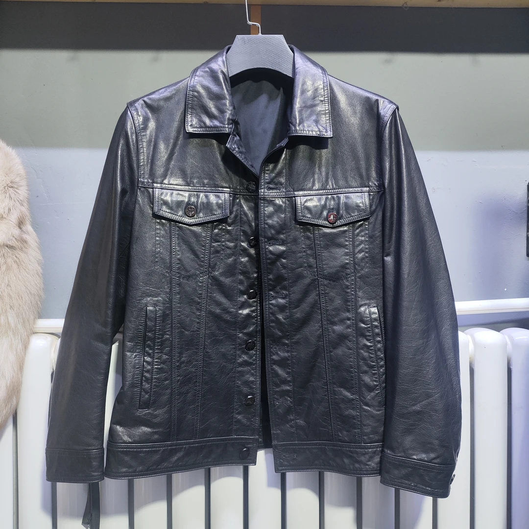 翻领短款时尚男士头层油蜡小牛皮真皮皮衣休闲牛仔夹克春秋外套