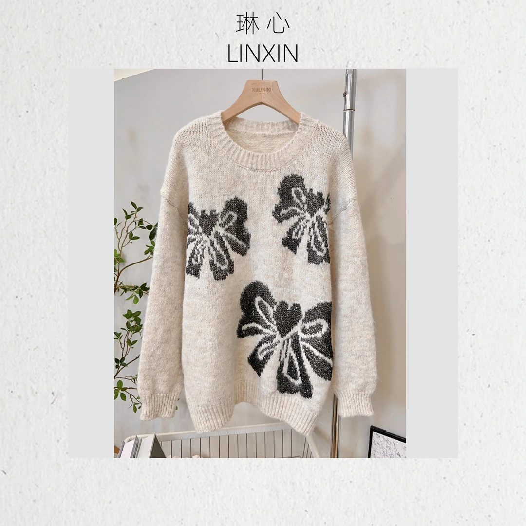 秋冬时尚百搭休闲气质纯色大蝴蝶结套头针织衫0813