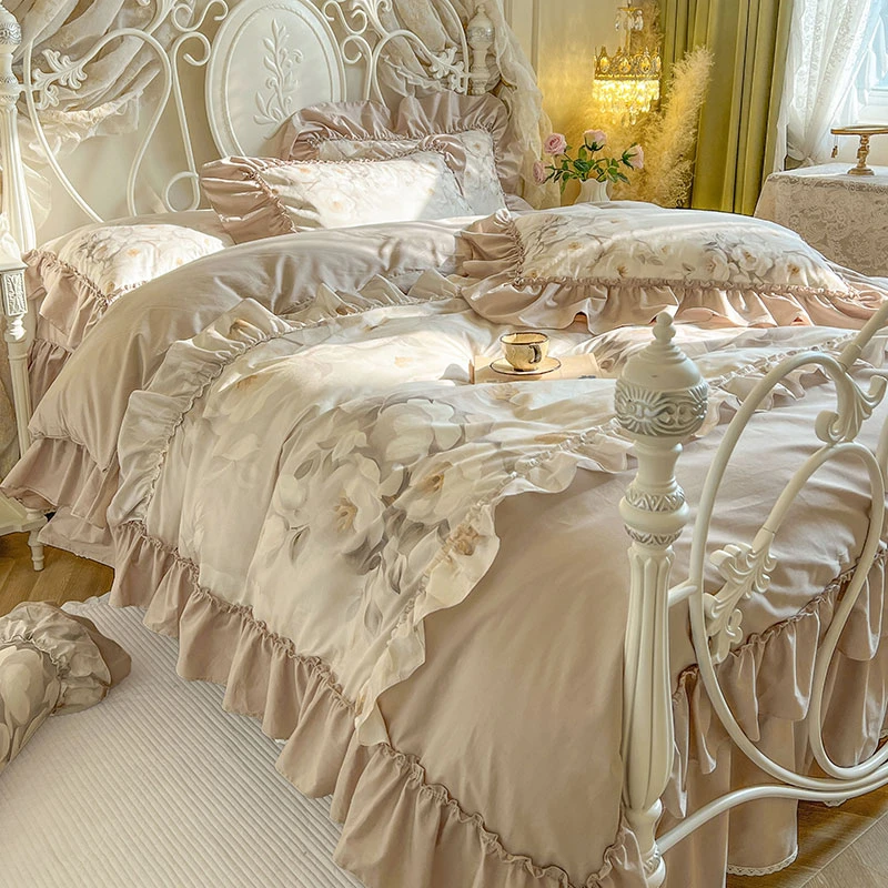 法式复古公主风纯棉荷叶边四件套花边床裙款全棉被套少女床上用品