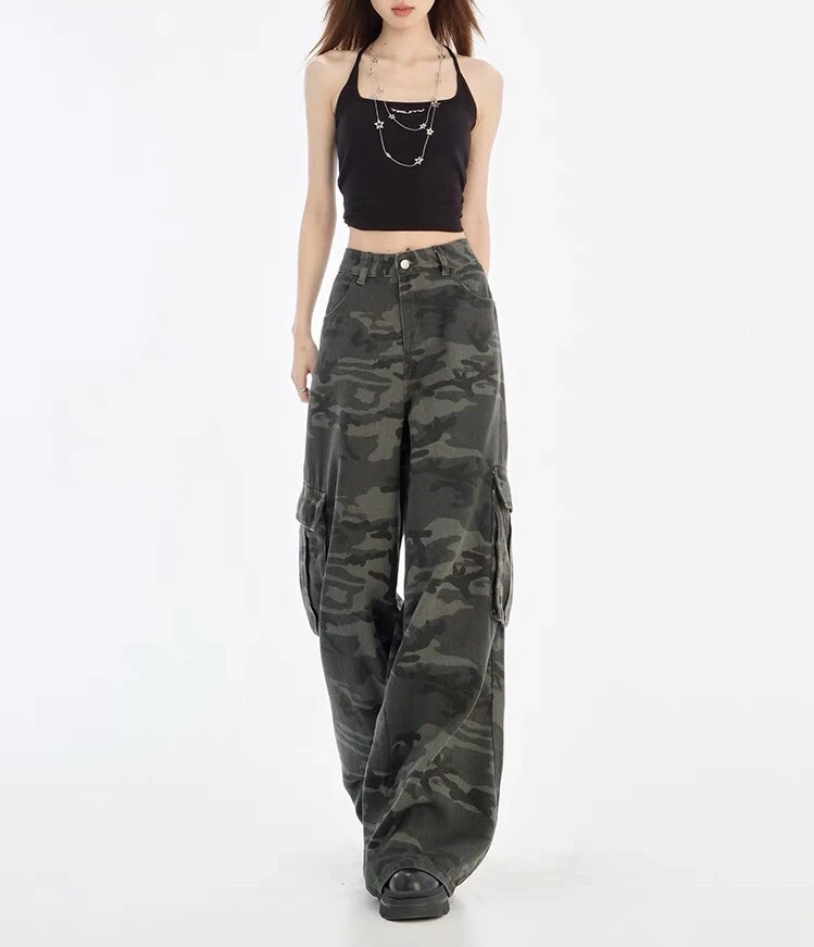 【海南简爱】新款高腰休闲迷彩工装直筒拖地裤0813