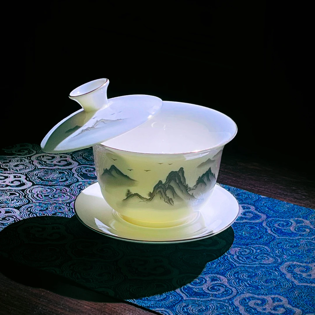 【御瓷斋】高端羊脂玉瓷水墨江山三才盖碗泡茶