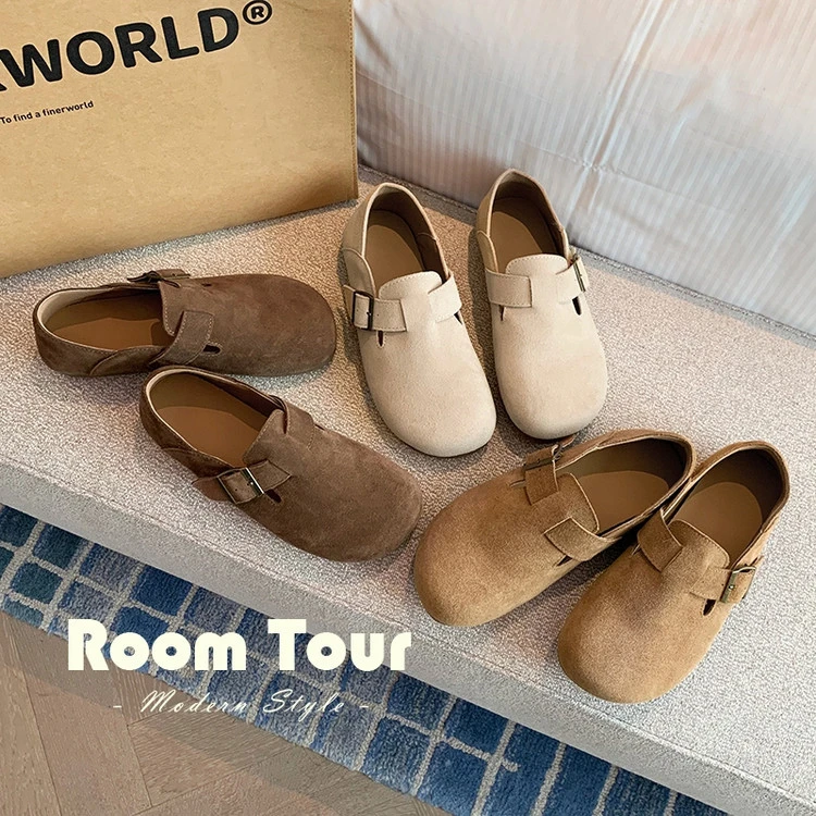 轻奢女鞋复古牛皮勃肯鞋2025新款全包一脚蹬平底休闲单鞋子女1CM