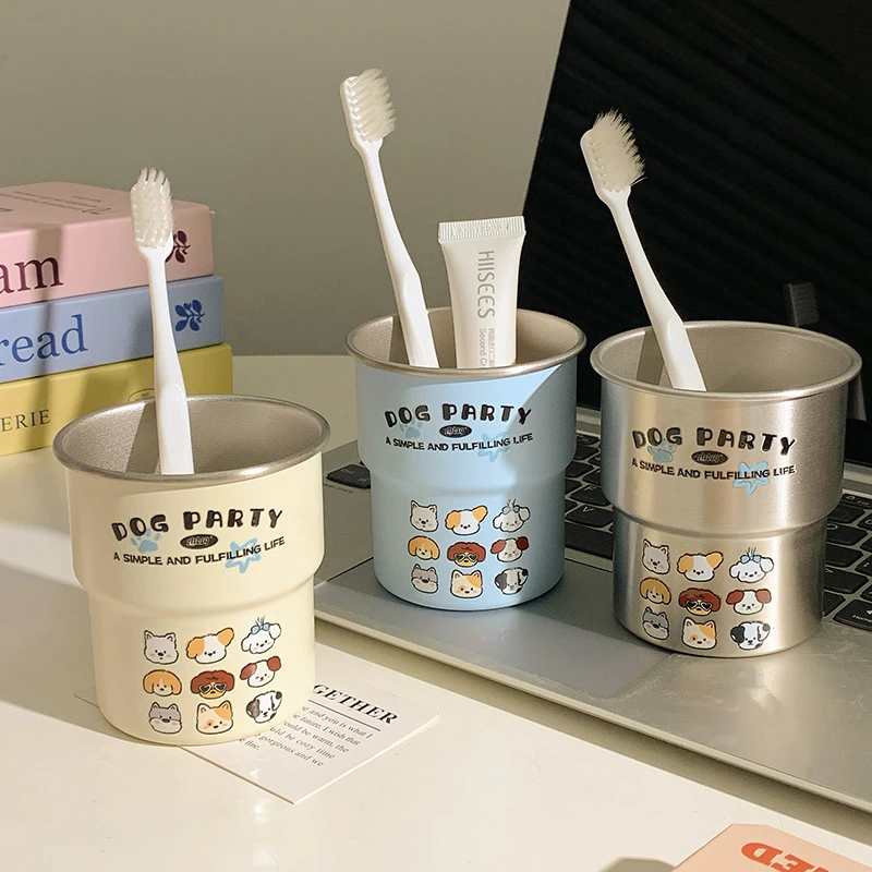 304不锈钢阶梯卡通小狗家族洗漱杯简约家用高颜值情侣漱口杯yw