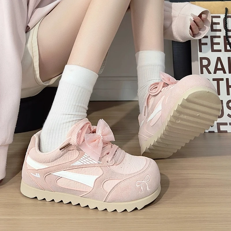 回力粉色德训鞋女2025新款蝴蝶结百搭板鞋透气厚底时尚泡芙鞋子女