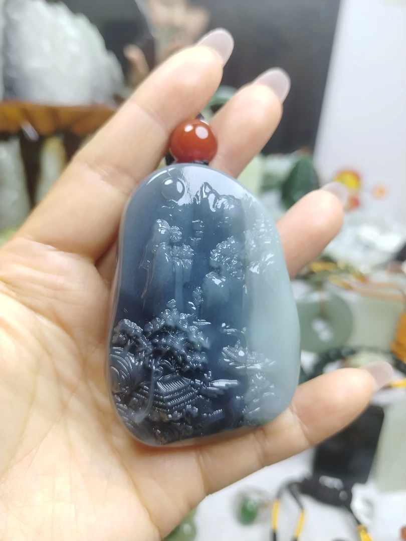 青花和田玉山水手把件